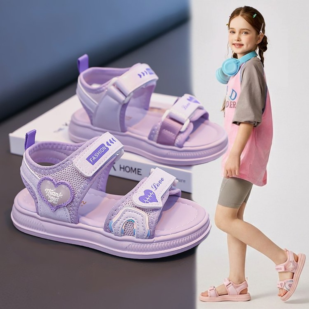 Baby Products For Summer - 女の子用ハート型プリンセスサンダル、2026年春夏新作、ベルクロオープントゥ、ビーチシューズ、無地、ファッショナブルなスポーツスタイル